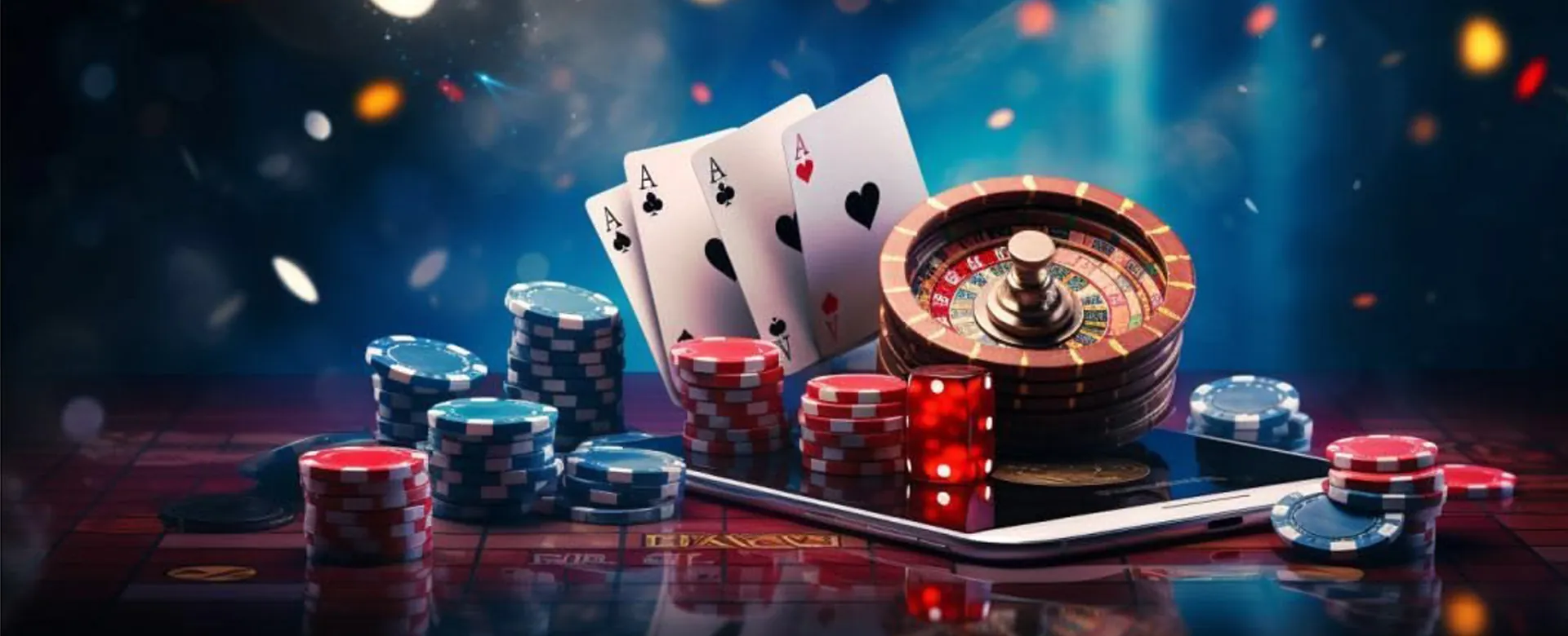 Dynamic online casino background featuring games and winning symbols